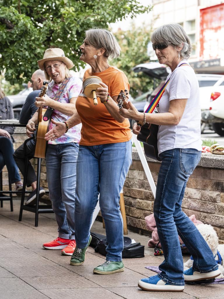 Lil Darlins members (from left) Cath McCourt, Karen James and Steph Gaunt travelled from Cleveland to perform at the Toowoomba Busking Festival, Saturday, April 29, 2023. Picture: Kevin Farmer
