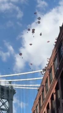 Toy elephants amaze crowds when thrown off city rooftops