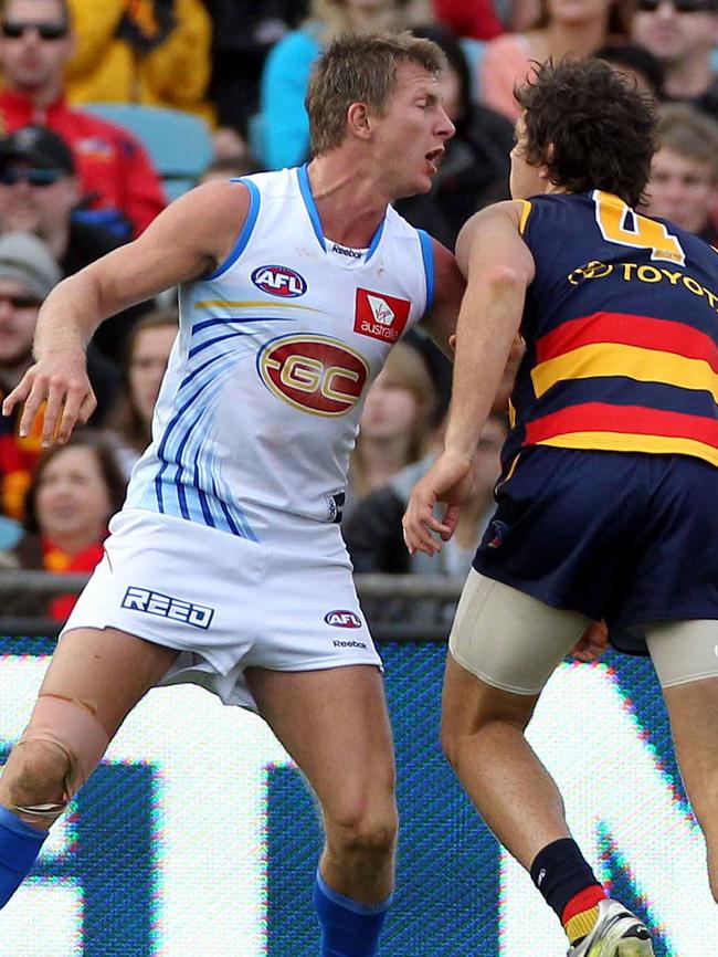 Nathan Bock returns to AAMI Stadium as a Gold Coast Sun and confronts Kurt Tippett. PHOTO: File