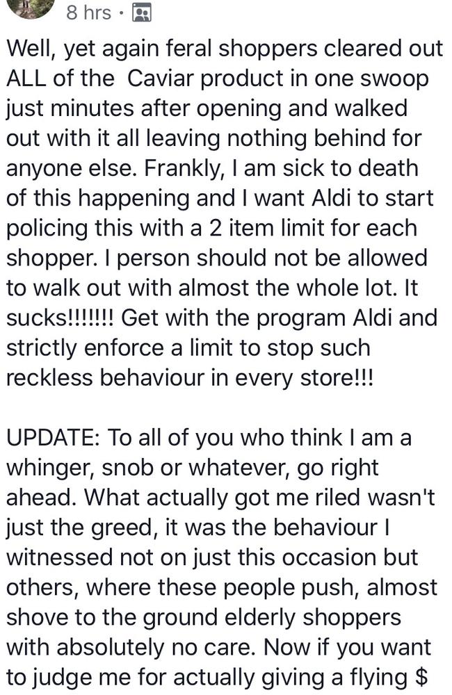 One shopper was extremely disappointed over the lack of supplies. Picture: Facebook / Aldi Mums