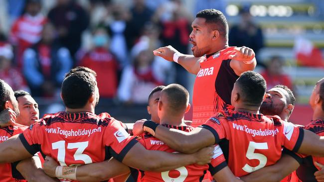 Havili performs the Sipi Tau for Tonga during the World Cup. (Kai Schwoerer/Getty Images)