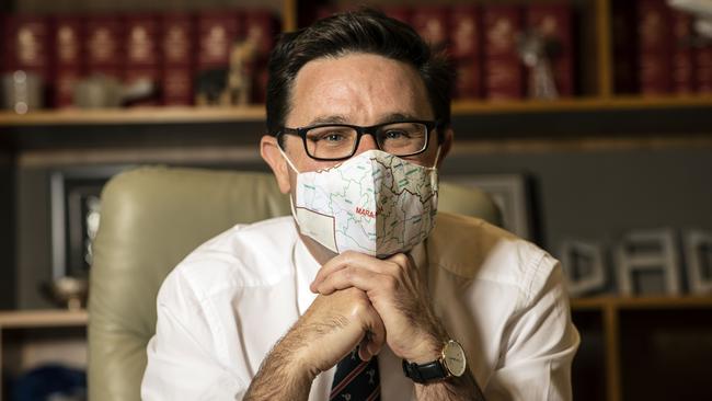 Agriculture Minister David Littleproud wears his Maranoa electorate face mask at Parliament House in Canberra. Picture: NCA NewsWire/Gary Ramage