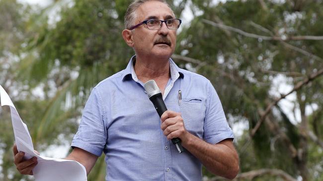 Protesters gather in Carey Park. Eddy Sarroff speaks. Picture: Tertius Pickard.