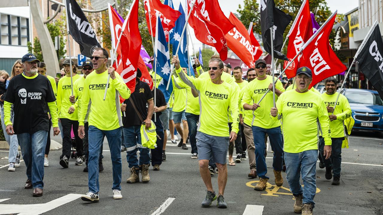 CFMEU members led by (front, from left) Peter Darcy, Michael Ravbar and Tom McGovern in the Labour Day 2022 Toowoomba march. Picture: Kevin Farmer