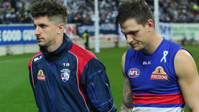 Tom Liberatore with Clay Smith during the round 19 match between the Geelong Cats and the Western Bulldogs. Picture: Getty Images.