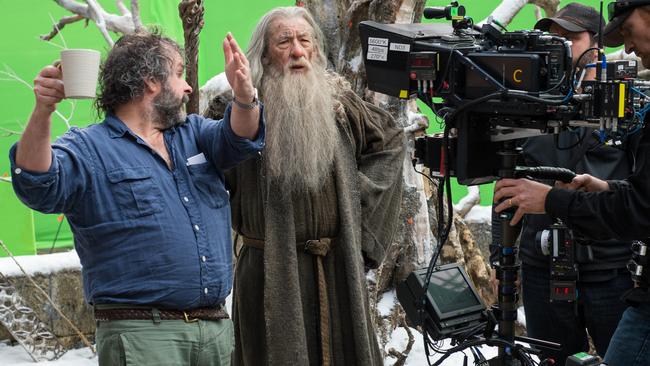 “We had such a fantastic cast” ... Peter Jackson with Ian McKellen on the set of The Hobbit: The Battle of the Five Armies.