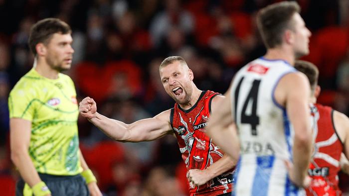 MELBOURNE, AUSTRALIA - MAY 19: Jake Stringer of the Bombers celebrates a goal during the 2024 AFL Round 10 match between the Essendon Bombers and the North Melbourne Kangaroos at Marvel Stadium on May 19, 2024 in Melbourne, Australia. (Photo by Dylan Burns/AFL Photos via Getty Images)