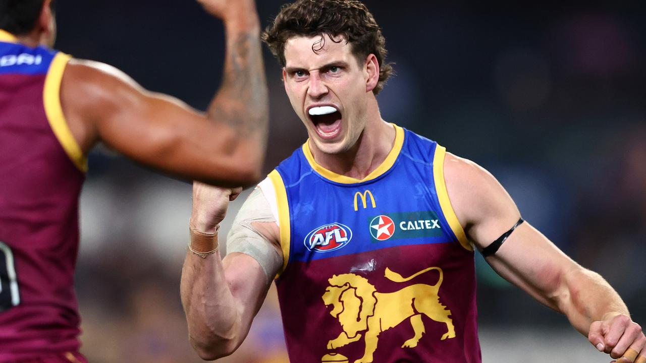 BRISBANE, AUSTRALIA - JUNE 28: Jarrod Berry of the Lions celebrates a goal during the round 16 AFL match between Brisbane Lions and Melbourne Demons at The Gabba, on June 28, 2024, in Brisbane, Australia. (Photo by Chris Hyde/AFL Photos)