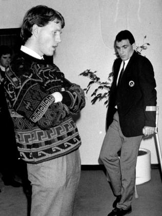 Graeme ‘Gubby’ Allan with Millane at a tribunal hearing. Allan was called around 4am to the morgue to identify his friend’s body