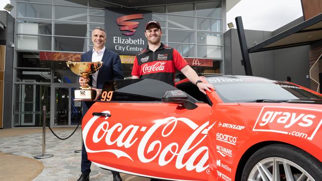 Premier of South Australia Peter Malinauskas and Supercars Championship leader Brodie Kostecki with a supercar at Elizabeth City Centre ahead of the Adelaide 500. Picture: NCA NewsWire / Morgan Sette