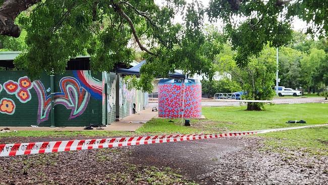 NT Police are combing the scene - a toilet block across from the Wanguri shops. Picture: Darcy Fitzgerald