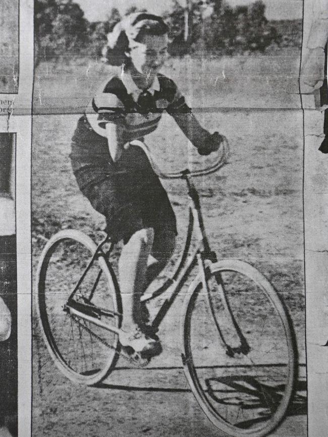 Beryl riding a bike as a 16-year-old, after the shark attack.