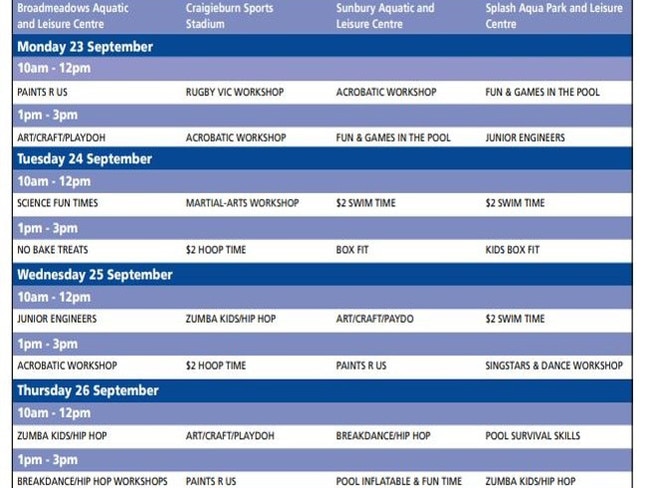 Hume Council leisure centres week one school holiday guide. Picture: Supplied