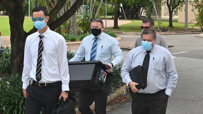 Detectives, including Senior Sergeant Wayne Newell, right, arriving at court during Zachary Rolfe’s murder trial. Picture: Julianne Osborne