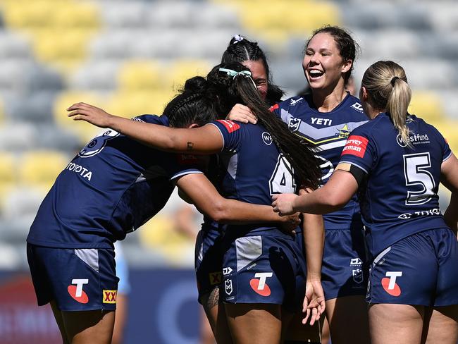 The Cowboys celebrate after winning the round four NRLW match between North Queensland Cowboys and Gold Coast Titans. Picture: Getty Images