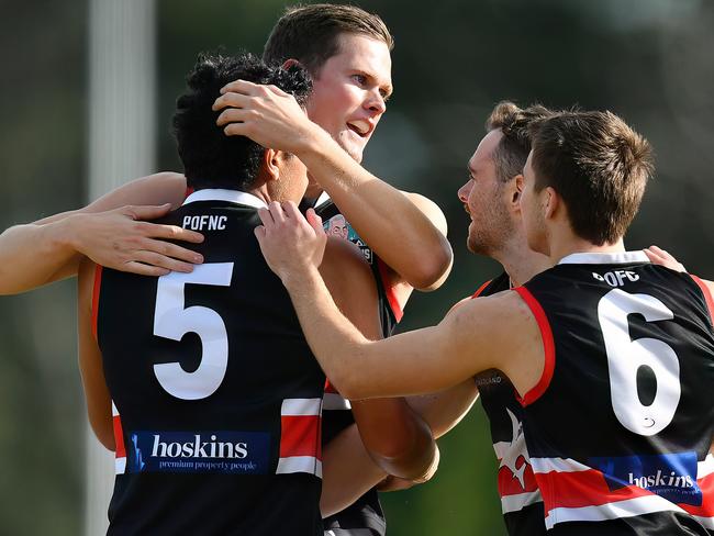 Park Orchards celebrate a goal during the round six EFNL Division 1 Eastland Senior Mens match between Beaconsfield and Park Orchards at Beaconsfield Holm Park Reserve, on May 11, 2024, in Melbourne, Australia. (Photo by Josh Chadwick)