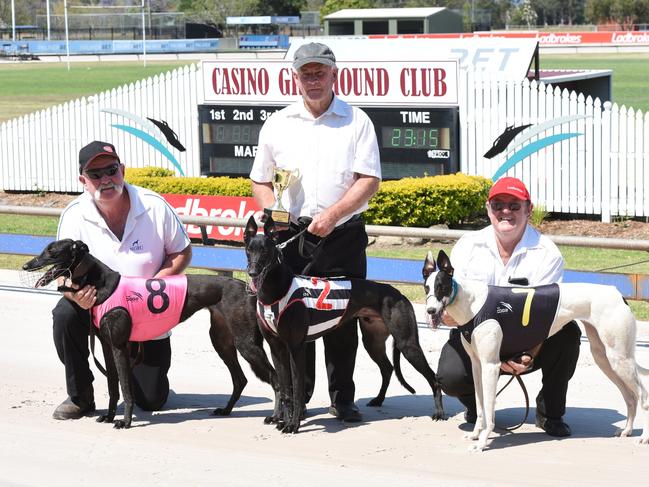 Trainer Reg Gardoll took out the $11,000 Pop Northfield Memorial Final (411m) with Profit Plan ($2.60 favourite), centre, at the Casino greyhounds on Friday. Profit Plan is owned by his wife Eva and was bred by Toni and Charlie Northfield. Kooringa Lucy ($3), right, bred and trained by Mitch Northfield, was two-and-a-half lengths back in second place, with a further five-and-a-half lengths back to Miss Rocket ($16), left, for trainer Craig McPhee and owner Colette Northfield. The winner clocked 23.15 seconds.