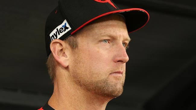 PERTH, AUSTRALIA - JANUARY 28: Cameron White of the Renegades looks on from the bench after retiring hurt during the Big Bash League match between the Perth Scorchers and the Melbourne Renegades at Optus Stadium on January 28, 2019 in Perth, Australia. (Photo by Paul Kane/Getty Images)