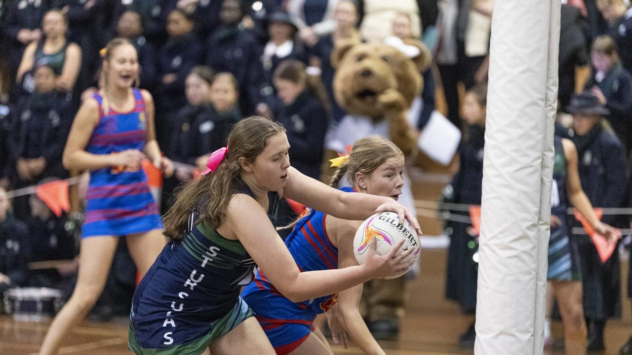 Veronica Farrow of St Ursula's Senior A against Downlands First VII in Merici-Chevalier Cup netball at Salo Centre, Friday, July 19, 2024. Picture: Kevin Farmer