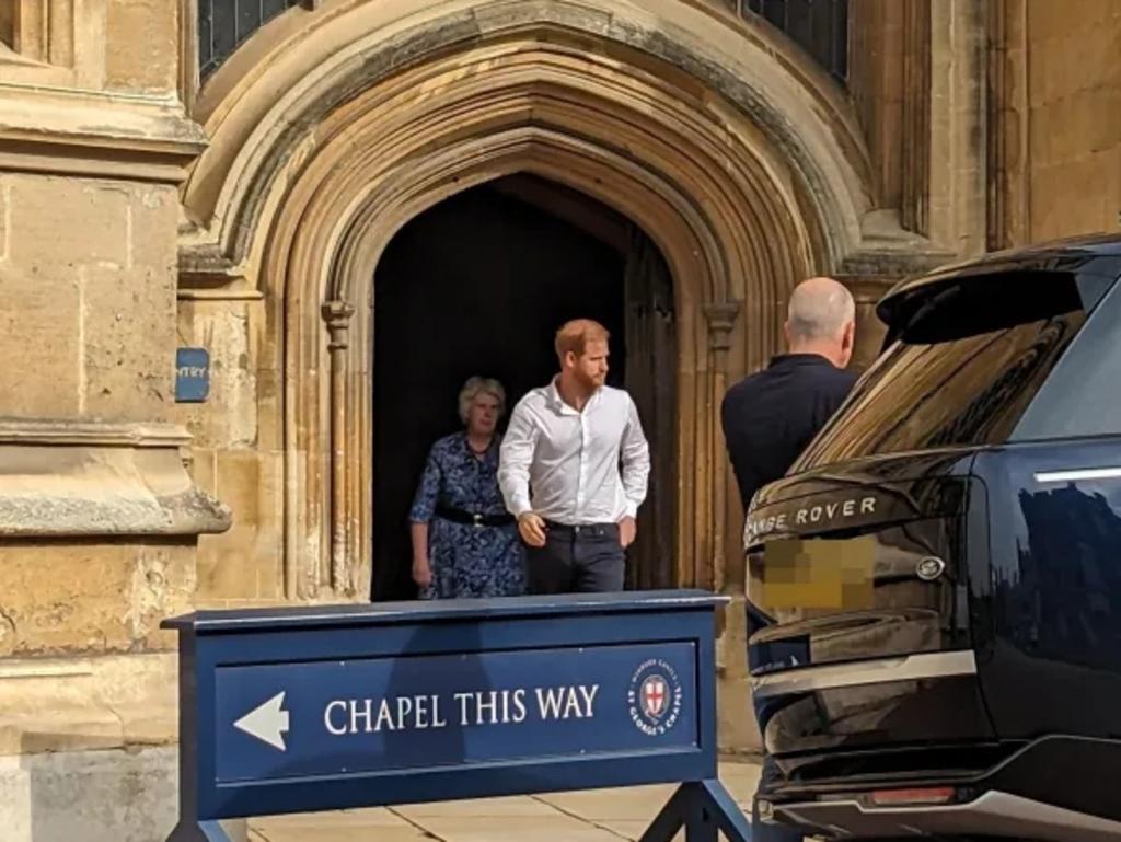 Prince Harry was spotted leaving St George's Chapel, the Queen's final resting place. Picture: amygiles0188/Twitter