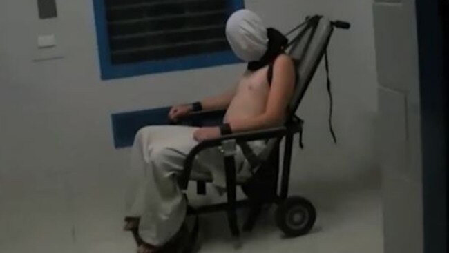 A teen inmate, Dylan Voller, was strapped and shackled into a chair with a hood over his head in the shocking footage obtained by Four Corners. Picture: ABC TV