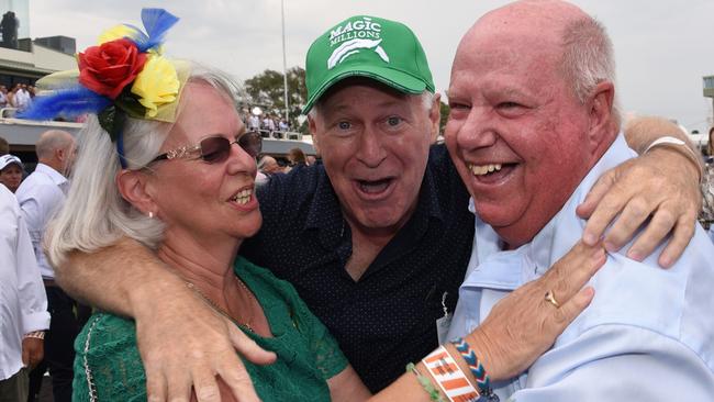 Allan Endresz (centre) with fellow owners Robyn and Jeff Simpson after winning the Magic Millions Guineas, only for Alligator Blood to later be disqualified.