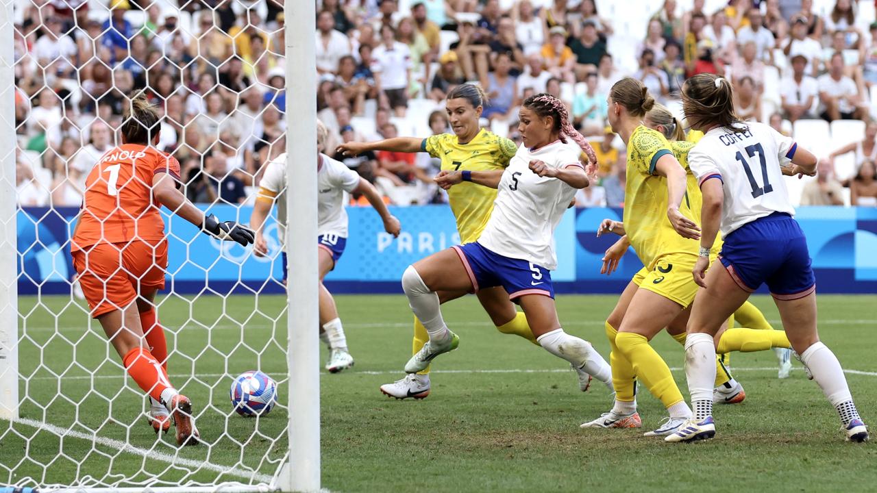 Trinity Rodman scored a goal against the Matildas at the Olympics. (Photo by Alex Livesey/Getty Images)