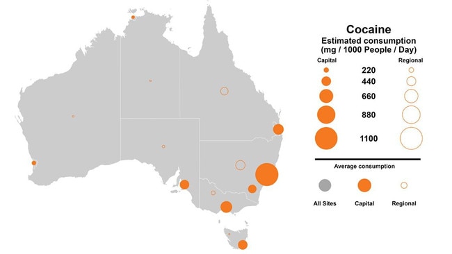 ASIC's 2023 wastewater report maps where cocaine was consumed across Australia in April 2023. Picture: ACIC