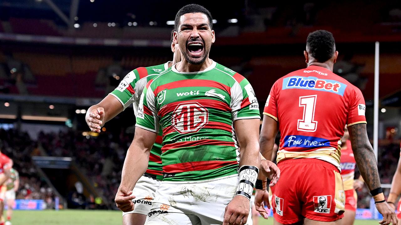 BRISBANE, AUSTRALIA – APRIL 13: Cody Walker of the Rabbitohs celebrates scoring a try during the round seven NRL match between the Dolphins and South Sydney Rabbitohs at Suncorp Stadium on April 13, 2023 in Brisbane, Australia. (Photo by Bradley Kanaris/Getty Images)