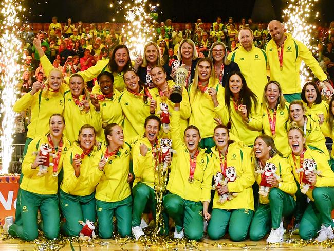 CAPE TOWN, SOUTH AFRICA - AUGUST 06: Australia crowned champions during the Netball World Cup Medal Presentation at Cape Town International Convention Centre, Court 1 on August 06, 2023 in Cape Town, South Africa. (Photo by Ashley Vlotman/Gallo Images/Netball World Cup 2023 via Getty Images)