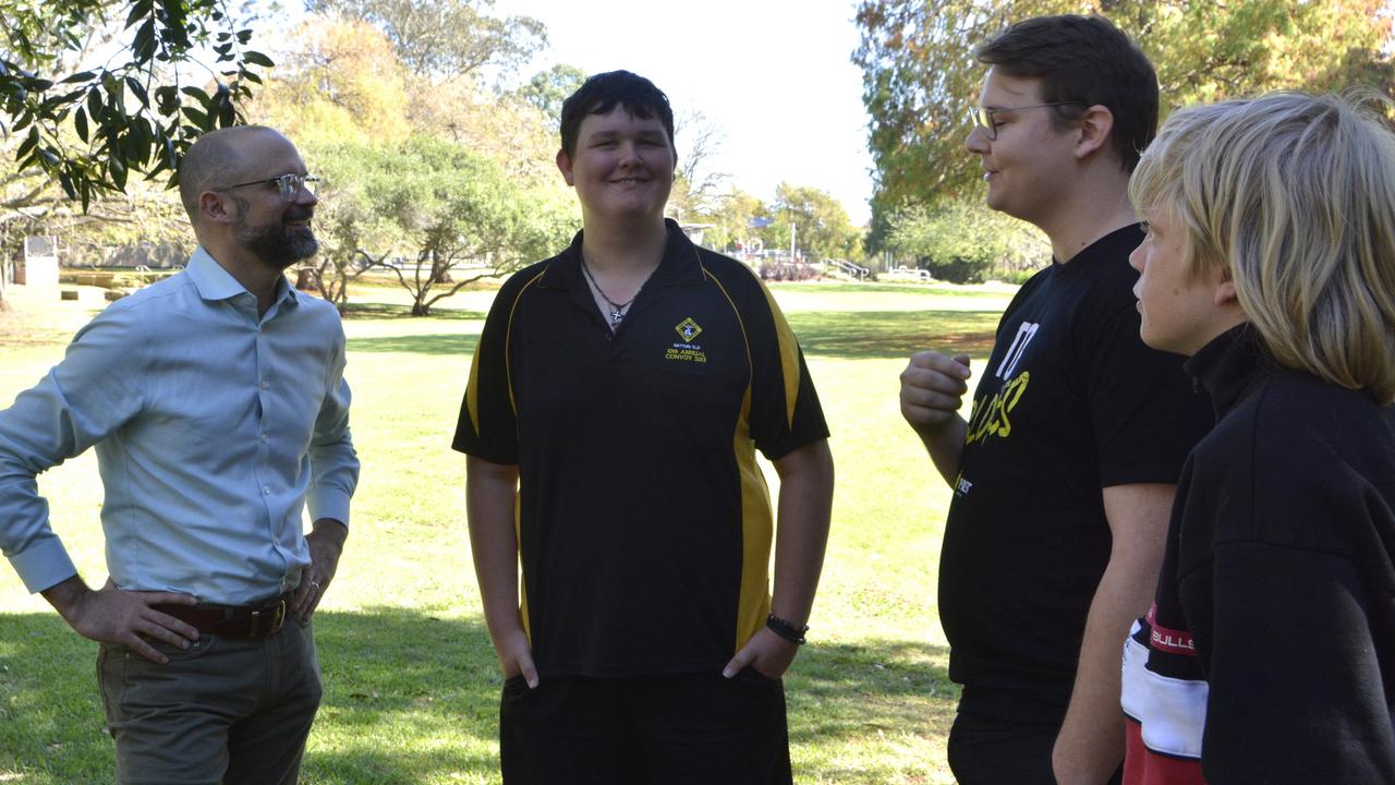 Talking about Top Blokes, a national mentorship program for at-risk teen boy are (from left) Toowoomba South MP David Janetzki. 13-year-old Dylan Hunt, youth worker Cortlan Ryan and Wilsonton State High School student Charlie Whittaker.