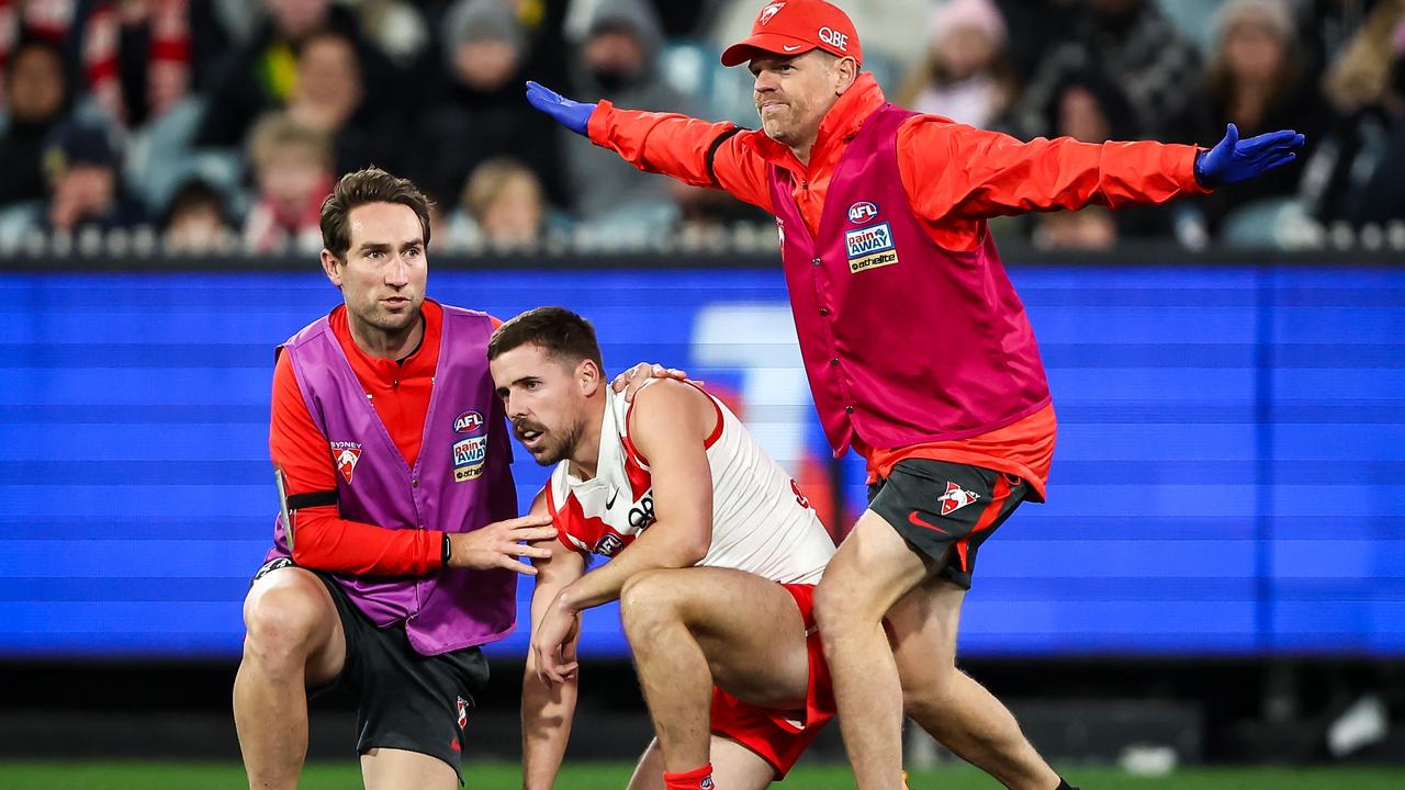 Jake Lloyd was unable to continue after being concussed. Picture: Dylan Burns/AFL Photos via Getty Images