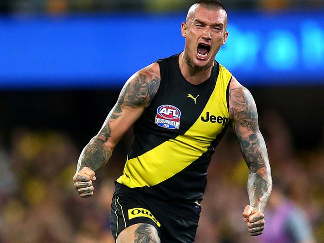 BRISBANE, AUSTRALIA - OCTOBER 24: Dustin Martin of the Tigers celebrates a goal during the 2020 AFL Grand Final match between the Richmond Tigers and the Geelong Cats at The Gabba on October 24, 2020 in Brisbane, Australia. (Photo by Jono Searle/AFL Photos/via Getty Images)