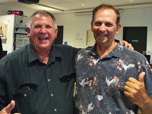 Acting Mayor Neil Fisher (left) with Tony Williams celebrating at the Kalka Shades Hotel on election night.