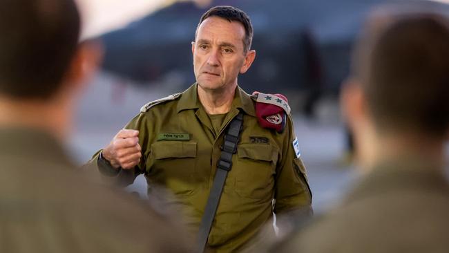 Israeli army Chief of the General Staff Lieutenant General Herzi Halevi speaks to troops at Nevatim airbase. Picture: AFP.