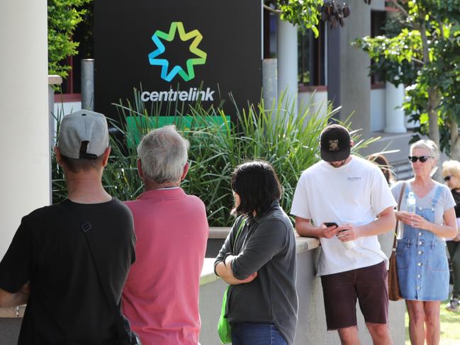 The queue outside Southport Centrelink at 8.40am this morning. Picture Glenn Hampson