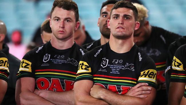 Emotional scenes of Dylan Edwards and Nathan Cleary following the Panthers’ grand final loss to the Storm last October. Picture: Cameron Spencer/Getty Images