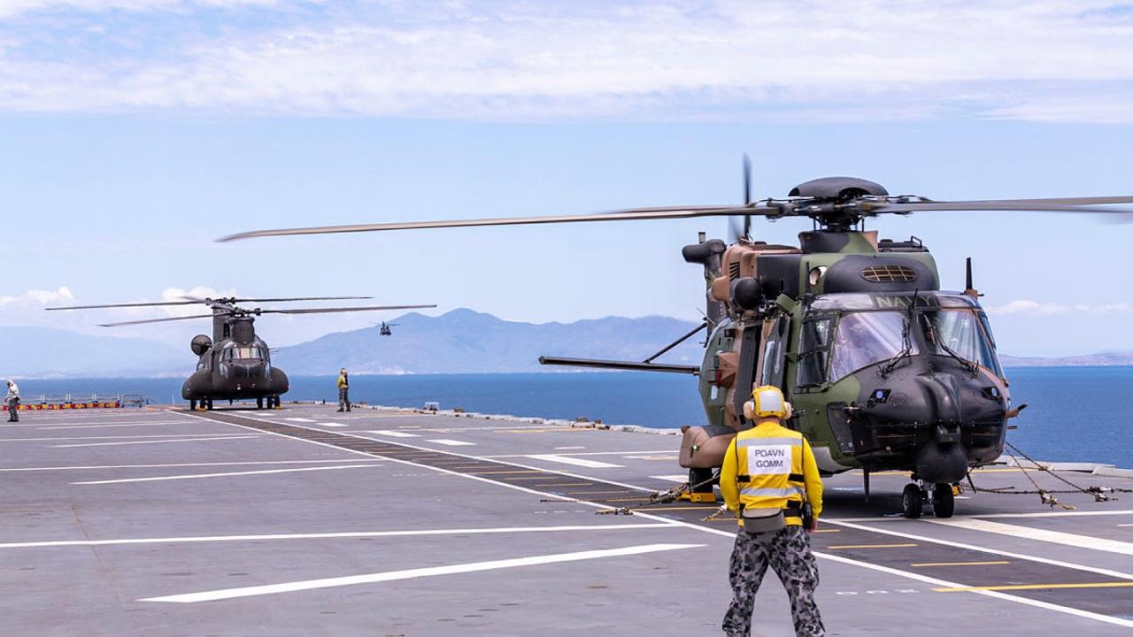 Republic of Singapore Air Force CH-47 Chinook Helicopter landing onboard HMAS Adelaide during Exercise Sea Wader 2020 off the coast of Townsville, Queensland. Picture: Defence Dept