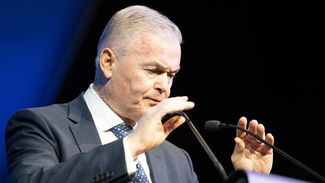 Santos chief Kevin Gallagher addresses the conference on Thursday. Picture: Morgan Sette