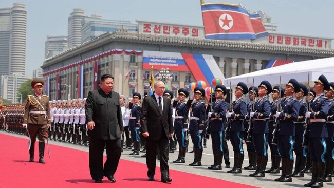 Kim Jong-un inspects North Korean military with Russian President Vladimir Putin in Pyongyang. Picture: AFP
