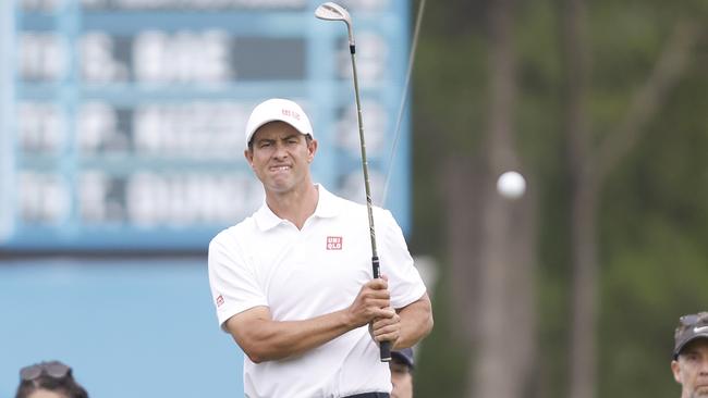 MCKINNEY, TEXAS - MAY 11: Adam Scott of Australia chips to the 18th green during the first round of the AT&T Byron Nelson at TPC Craig Ranch on May 11, 2023 in McKinney, Texas. (Photo by Tim Heitman/Getty Images)