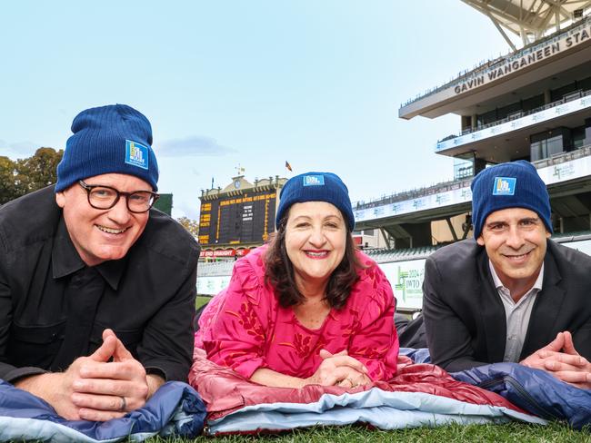 (L-R) Illuminate Adelaide Foundation co-founder and creative director Lee Cumberlidge, Vinnies SA chief executive Evelyn O’Loughlin and Adelaide Oval chief executive Nick Addison at Adelaide Oval. Picture: Russell Millard