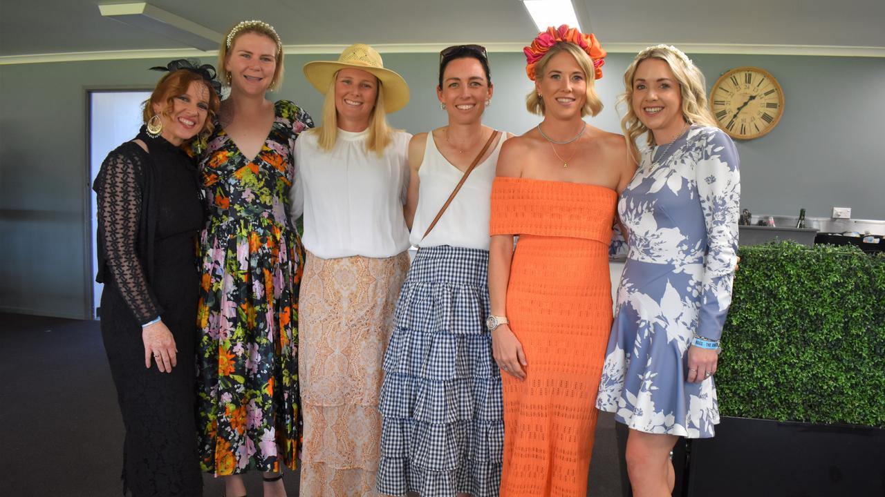 Kerrie Wall, Sarah Mylrea, Chloe Atkinson, Jos Maclean, Stacey Martin and Kristin Hinchcliffe at the 2023 Rockhampton Girls Grammar 21st Race Day.