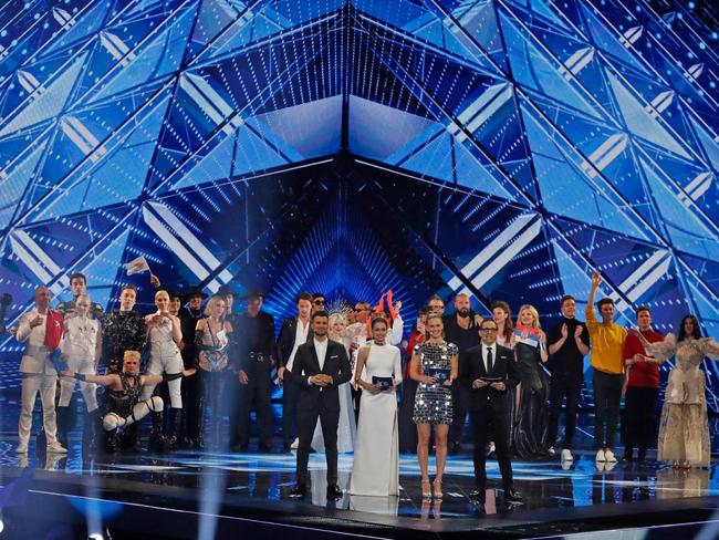 The cast of Eurovision 2019, on stage in Israel this week. Picture: AFP