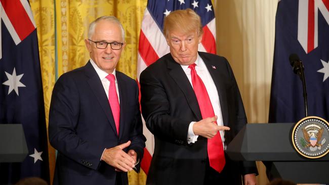 Donald Trump and then prime minister Malcolm Turnbull hold a joint press conference in the East room at the White House in Washington DC in 2018. Picture: Nathan Edwards