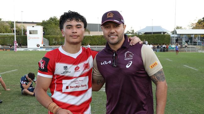 Man of the Match PBC SHS 14. Ray Puru with NRL champion Scott Prince. Picture: Liam Kidston.