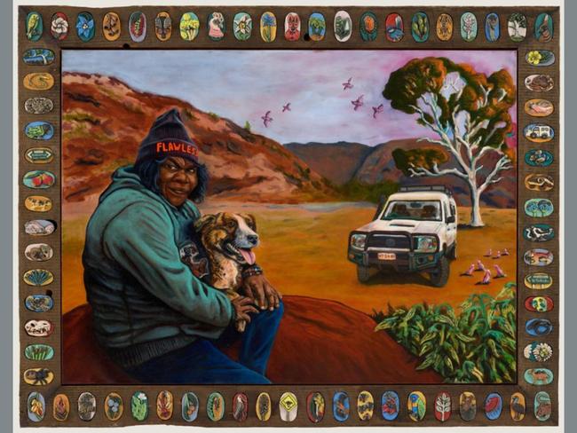 Rona and Pig at Palm Valley by Billy Bain features Western Aranda artist Rona Panangka Rubuntja. She is deaf and communicates through Auslan and Western Aranda sign language. Picture: Billy Bain, Archibald 2025, Photo: Art Gallery of New South Wales, Jenni Carter