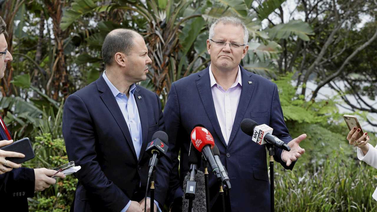 Prime Minister Scott Morrison (right) and Federal Treasurer Josh Frydenberg address the media about the results of the Wentworth By- Election, on the grounds of Kirribilli House, Sydney. Picture: CHRIS PAVLICH