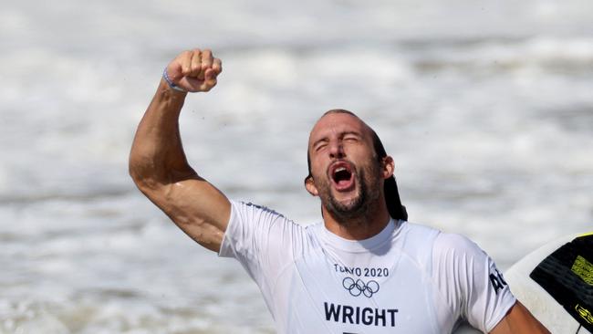 Australia’s Owen Wright celebrates after winning the men's Surfing bronze medal final at the Tsurigasaki Surfing Beach during the Tokyo 2020 Olympic Games. Picture: Yuki IWAMURA / AFP