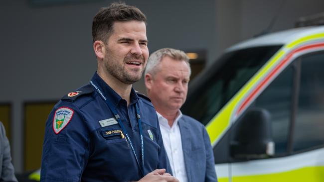 Tasmanian Premier Jeremy Rockliff with Ambulance Tasmania CEO Jordan Emery. Picture: Linda Higginson.